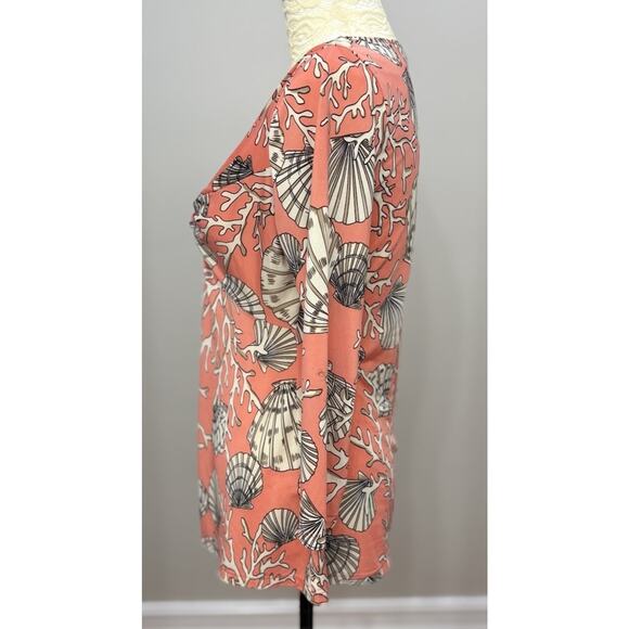 Boston Proper Coral Beach Seashell Print 3/4 Sleeves V-Neck Ruched Top Size 5 - Picture 2 of 14